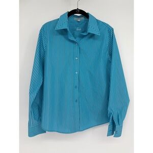 Foxcroft Wrinkle Free Fitted Shirt Womens 10 Turquoise Blue White Pinstripe